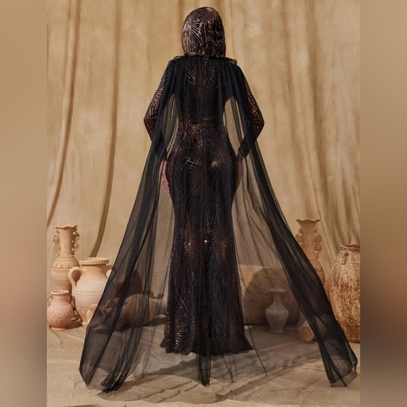 Black Sequin Embellished Gown with Bishop Sleeves - Picture 4 of 16